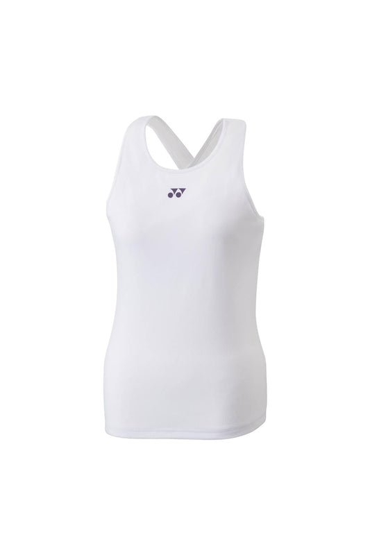 The Yonex 20760 Women's Tennis Tank Top - White is a stylish piece from the performance tournament collection. This sleek, white sleeveless top boasts a small black logo on the front and features a racerback design, made from moisture-wicking fabric. It is displayed against a plain white background.