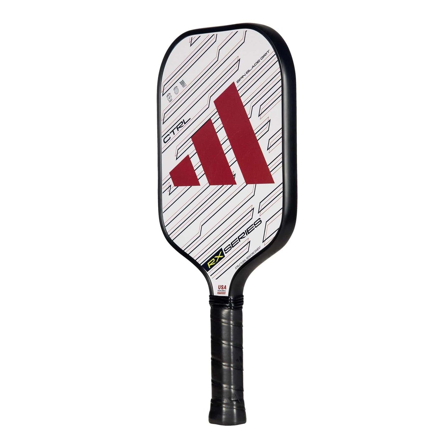 The adidas RX CTRL 3.3 Pickleball Paddle sports a black handle, white face with a red geometric logo, and bold black lines. Its Spin Blade Grit texture boosts control for standout performance on the court.