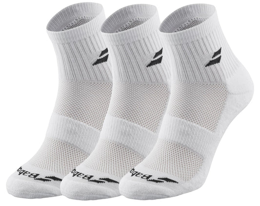 Displayed in a row are the Babolat Quarter 3 Pack Tennis Socks - White, each featuring black logos and ribbed cuffs. These socks provide comfort and support, with ventilated zones and mesh-like sections for optimal breathability.
