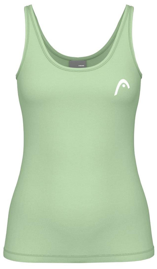 The HEAD Spirit II women's tennis tank top in Celeste features a scoop neckline and a white logo on the upper left, made from moisture-wicking microfiber with cooling technology. Its soft, stretchy fabric is ideal for casual and athletic use.
