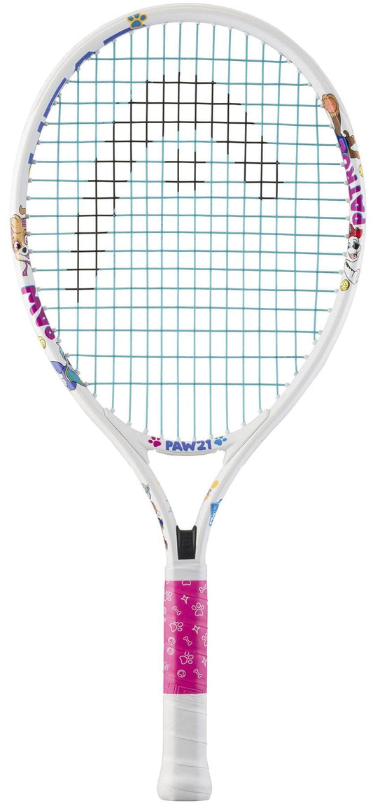 The HEAD x Paw Patrol 21 Junior White Tennis Racket features light blue strings, a pink paw-print grip, cartoon animal graphics, and “PAWZ!” on the throat—perfect for young players.