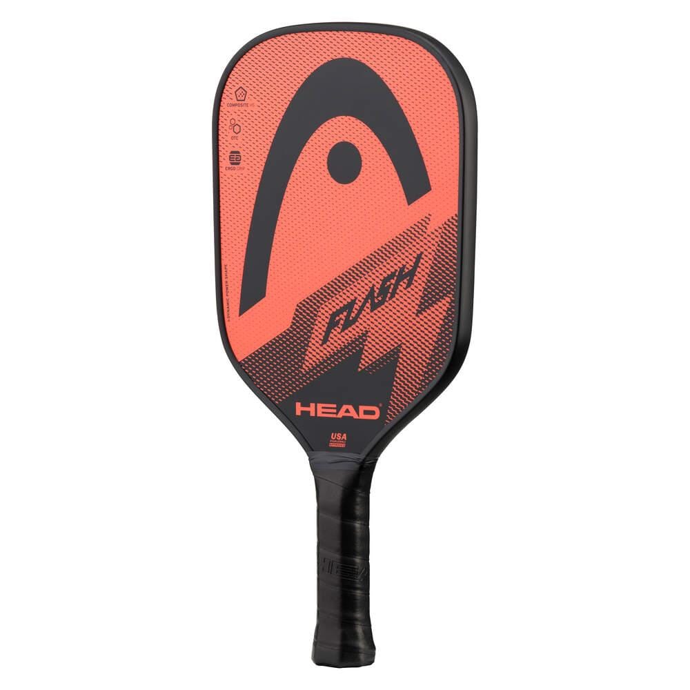 The HEAD Flash Pickleball Paddle Set by HEAD features a red and black paddle with a composite hitting surface, polymer honeycomb core, textured face, black grip handle, bold graphics, and lightning bolt HEAD logo on the front.