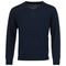 A dark blue, V-neck sweater with long sleeves, made from Merino wool, showcased against a plain background. This HEAD Men's Pullover Jumper features a timeless and classic design, perfect for both casual and semi-formal events.