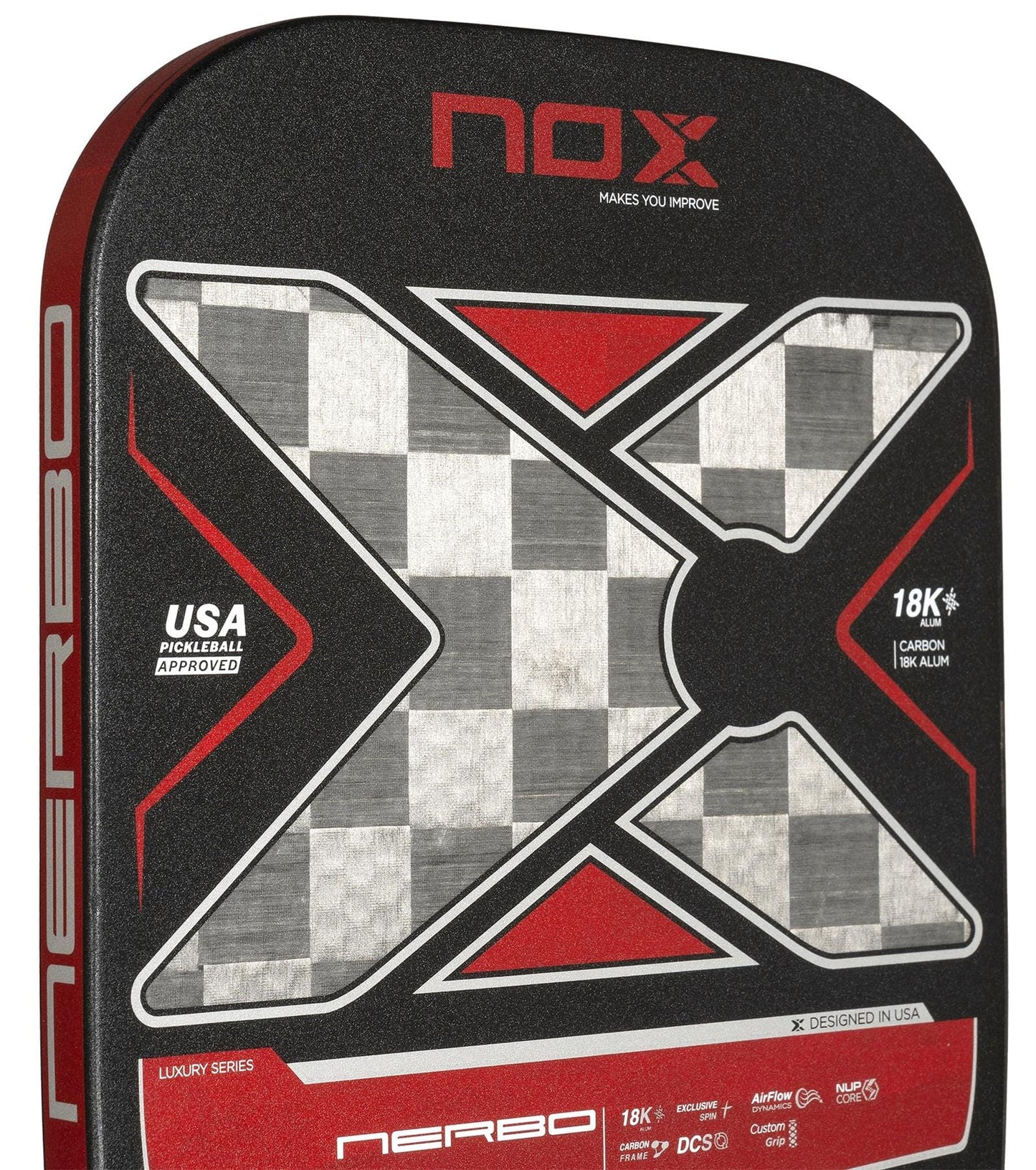 Close-up of the NOX Luxury Nerbo Pickleball Paddle by NOX, showing its bold silver and black "X" design, USA Pickleball Approved label, and text promoting its 18K carbon fibre construction.