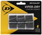 The Dunlop Viper-Dry Tennis Overgrip - 3 Pack - Black comes in packaging that highlights its extreme durability and contains three black overgrips. The design incorporates a yellow and black color scheme, complete with the brand's logo and a cactus icon, representing superior moisture absorption for a dry grip.