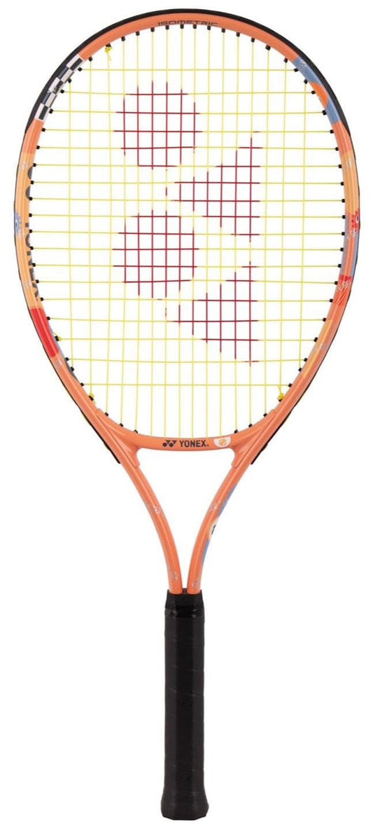The Yonex Junior 25 Coral Orange Tennis Racket is ideal for young players, featuring a vibrant orange frame, black grip, and yellow strings with a red Yonex logo—perfect for juniors seeking quality and style.