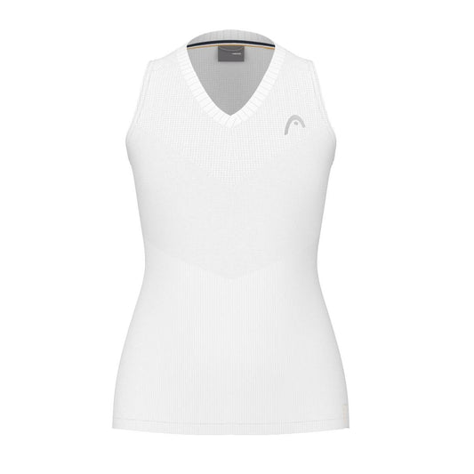 Introducing the HEAD Performance Women's Tennis Tank Top in white, featuring a sleeveless design with a V-neckline and a subtle logo on the upper left side. This sportswear piece from HEAD is crafted with moisture transfer technology, ensuring lightweight fabric that's ideal for sports or exercise.