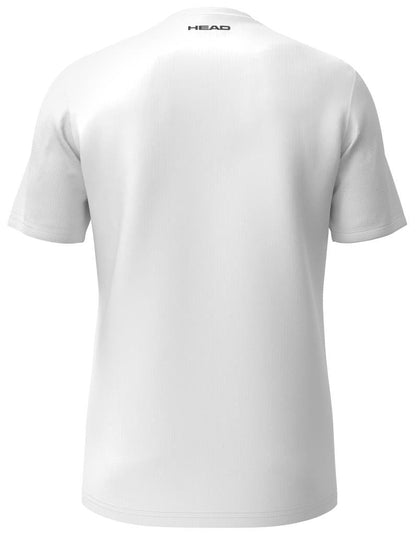 The back of the HEAD Club Tech 25 Men's Tennis T-Shirt - White features a brand logo near the collar. This plain white tee with short sleeves is smooth, lightweight, and breathable due to its Moisture Transfer Microfiber technology, making it ideal for everyday wear.