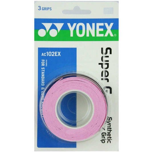 The image features the Yonex AC102EX Super Grap Tennis Overgrip in pink, specifically designed for tennis racquets. The package includes three grips and is ideal for absorbing sweat and fitting both standard and long racquets.
