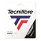 The Tecnifibre Razor Code ATP Tennis String Set - Carbon packaging prominently features a stylized "T" logo in blue and red, highlighting the 17/1.25 gauge and detailing the Thermocore technology to emphasize its high-quality polyester strings for enhanced performance.