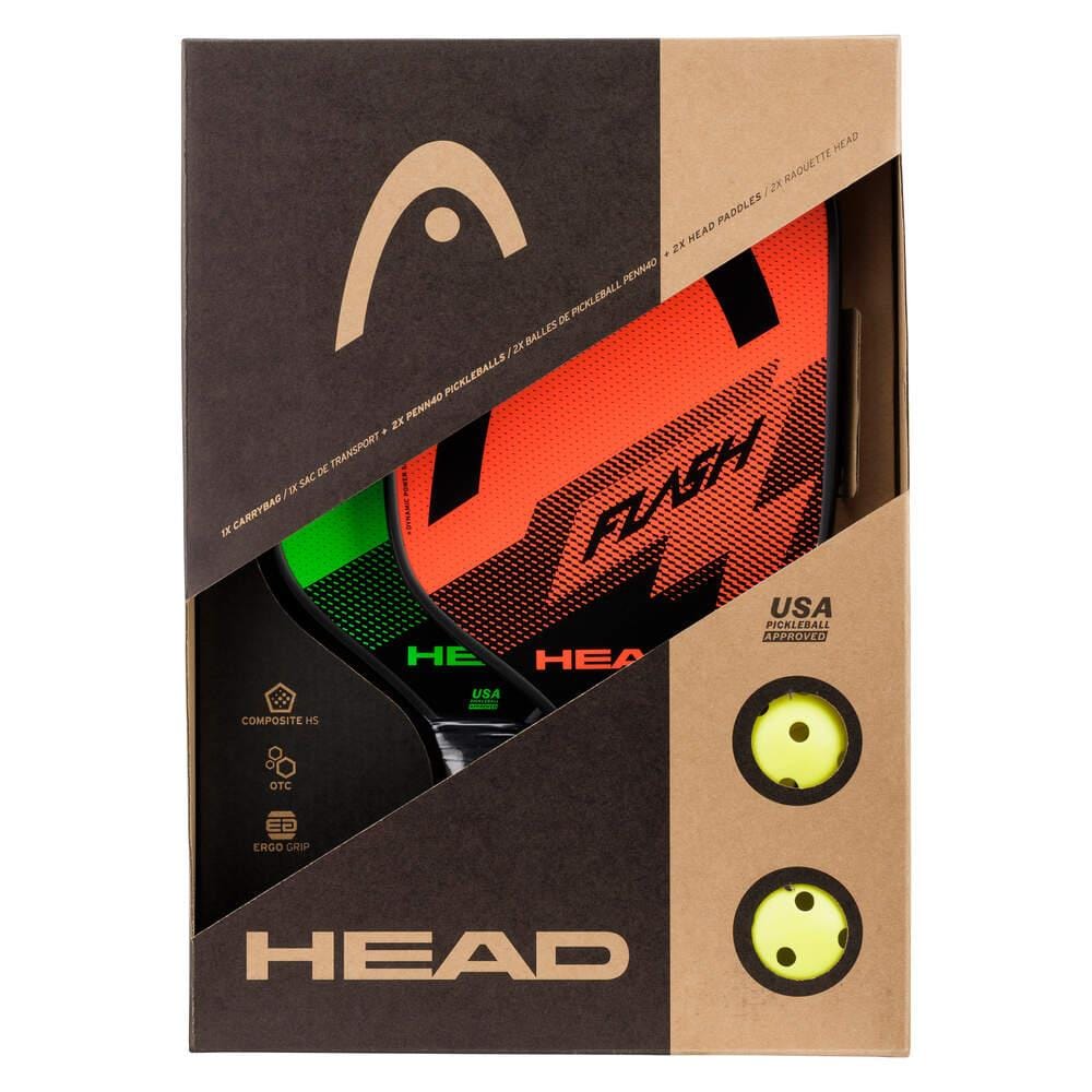 The HEAD Flash Pickleball Paddle Set by HEAD includes a bright orange and black paddle with a polymer honeycomb core and two yellow perforated balls, all visible through the retail box’s cutout windows.