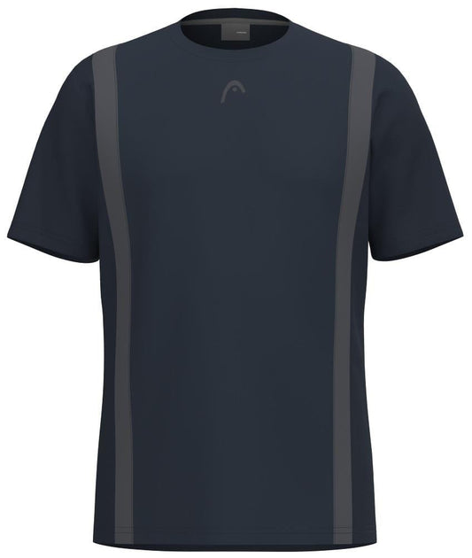 Introducing the HEAD Club Tech 25 Men's Tennis T-Shirt: A sleek navy tee with two lighter gray stripes from shoulders to hem, featuring a subtle chest logo. Designed with moisture-transfer microfiber technology, it offers optimal performance and style.
