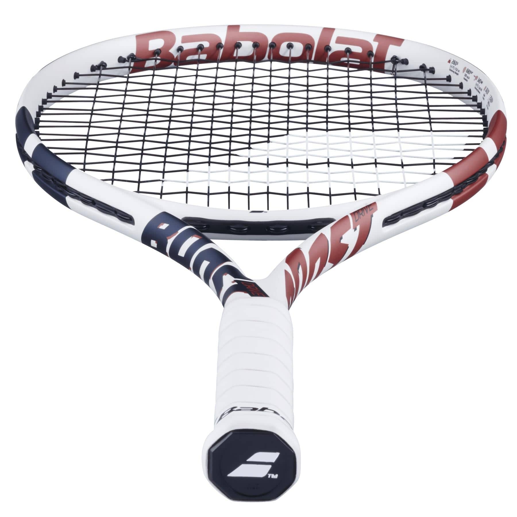 A white Babolat Boost Drive Tennis Racket with a lightweight graphite frame, black strings, red and blue accents, and a white grip is shown handle-end forward. Features a 680cm² forgiving head for enhanced playability.