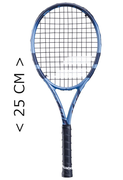 The stylish Babolat Mini Pure Drive 25 Tennis Racket showcases a blue and black design with a grid-like string pattern. Its handle, wrapped in a black grip, enhances its precise 25 cm length, making it perfect for tennis enthusiasts.
