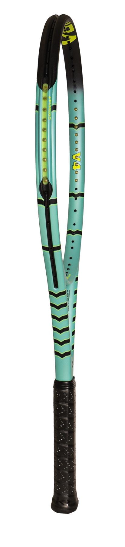 The Volkl Vostra V4 Tennis Racket by Volkl provides exceptional control and features a modern aesthetic with green accents and a sleek black grip. Displayed upright against a white background, it showcases its elegant blue and black frame along with its impressive Catapult Effect, ideal for powerful gameplay.