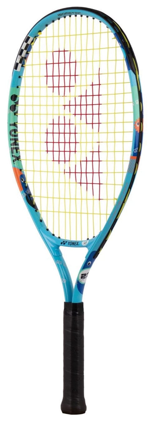 The Yonex Junior 23 Ocean Blue Tennis Racket features a black grip, yellow strings, a central red logo, and colorful graphic accents, making it an ideal kids' tennis racket from Yonex.