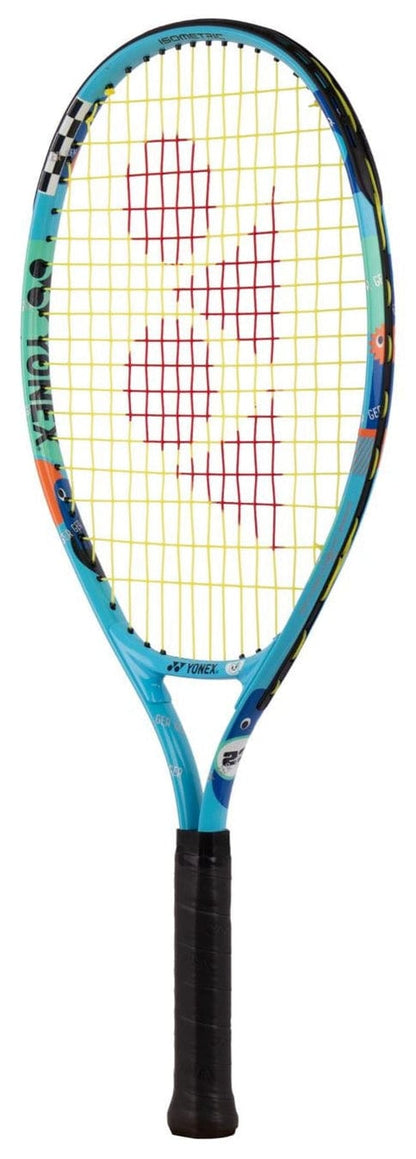 The Yonex Junior 23 Ocean Blue Tennis Racket features a black grip, yellow strings, a central red logo, and colorful graphic accents, making it an ideal kids' tennis racket from Yonex.