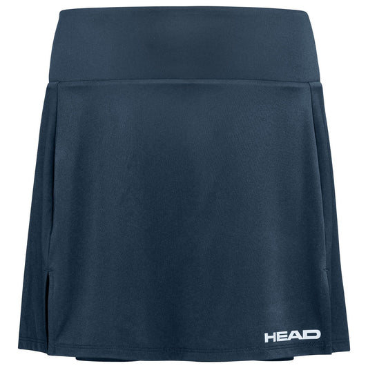 The HEAD Club Basic Women's Tennis Skort Long in navy features a wide waistband, subtle side slit, and white "HEAD" logo on the lower right. Made with moisture transfer microfibre for performance and style.