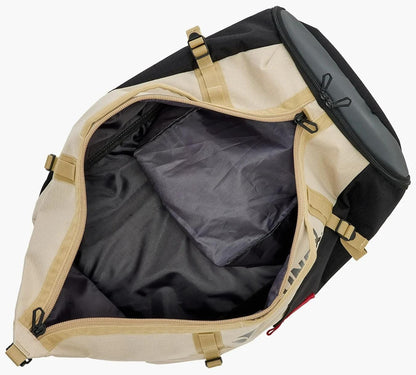 The Yonex BA72612EX Gearlogic Tennis Backpack in beige features a spacious, black-lined interior with a side zippered pocket, tan straps, and a large zipper for easy gear access—ideal for tennis enthusiasts.