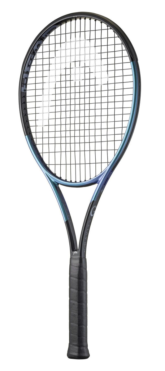 The HEAD Gravity MP 2025 Tennis Racket by HEAD, shown with a black and dark blue frame, black strings, and black grip on a white background, features Auxetic 2.0 technology for an enlarged sweetspot.
