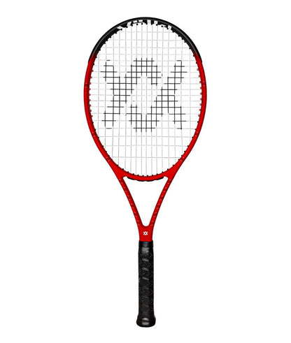 The Volkl Vostra V8 285g Tennis Racket - Red is a striking red and black racket from the Volkl brand, boasting a logo pattern woven into the strings for a sleek, modern appearance. Its Catapult Effect technology combined with a comfortable black grip handle delivers powerful performance on the court.