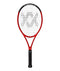 The Volkl Vostra V8 285g Tennis Racket - Red is a striking red and black racket from the Volkl brand, boasting a logo pattern woven into the strings for a sleek, modern appearance. Its Catapult Effect technology combined with a comfortable black grip handle delivers powerful performance on the court.
