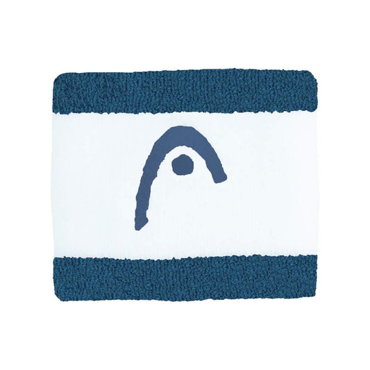 The HEAD 2.5" Striped Tennis Wristband in teal and white features thick teal stripes on the edges and a stylized dark blue HEAD logo resembling an arch with a dot underneath in the center.