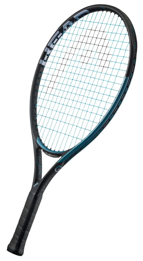 A HEAD IG Gravity Junior 23 2025 Tennis Racket in black and blue, featuring a black grip, blue string pattern, and a lightweight graphite composite angled frame, is pictured against a plain white background.