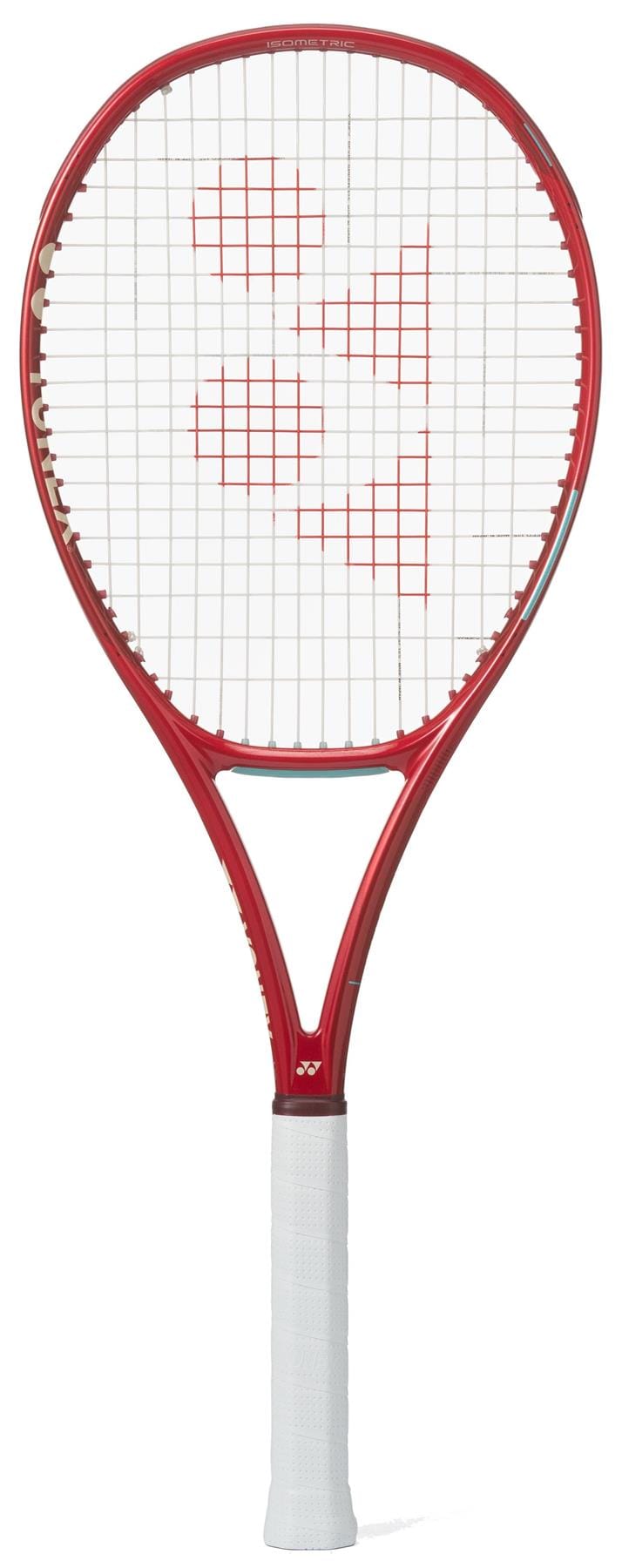 The Yonex VCORE 95 2026 Ruby Red Tennis Racket, featuring white strings and a white grip for maximum spin, is shown against a white background.