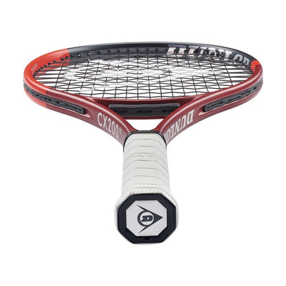 The Dunlop CX 200 OS 2024 Tennis Racket - Red, designed for intermediate players, features a striking red and black frame complemented by a white grip. The strings are arranged in an eye-catching cross pattern, and the logo adorns the end of the grip. The model "CX200" is prominently displayed on the side.