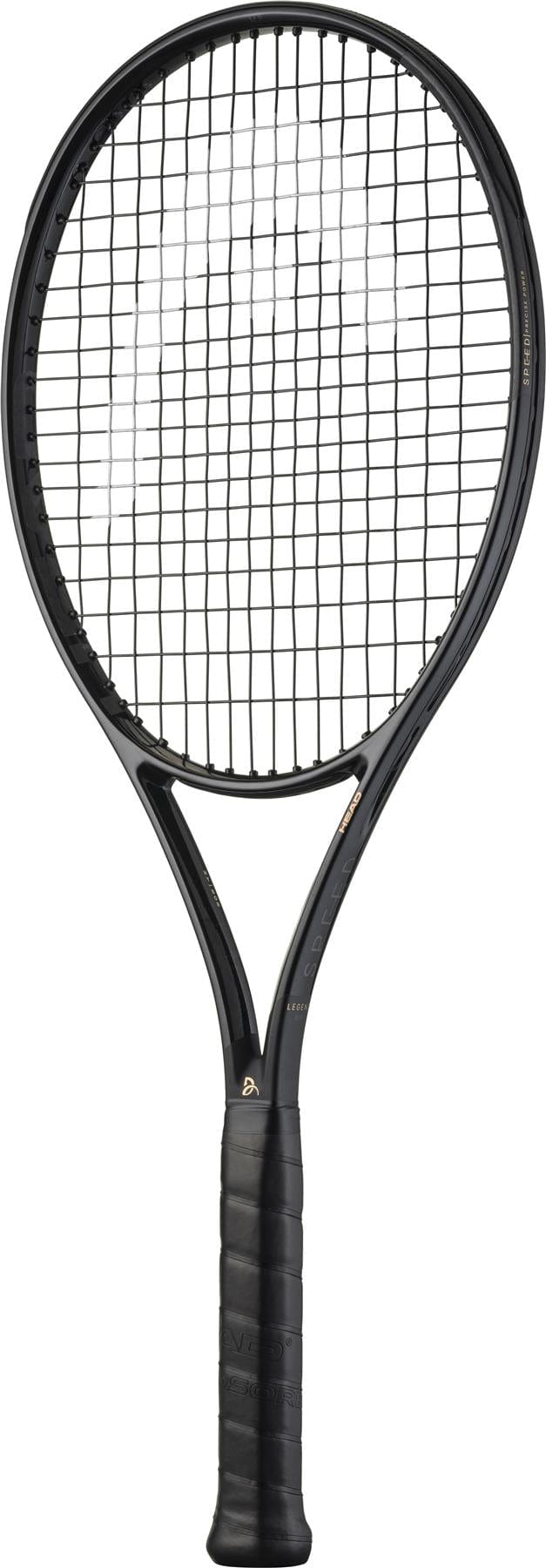 The HEAD Speed MP Legend 2025 Tennis Racket by HEAD is shown vertically on a white background, featuring a black design reminiscent of Novak Djokovic's style, with matching grip, strings, and frame.