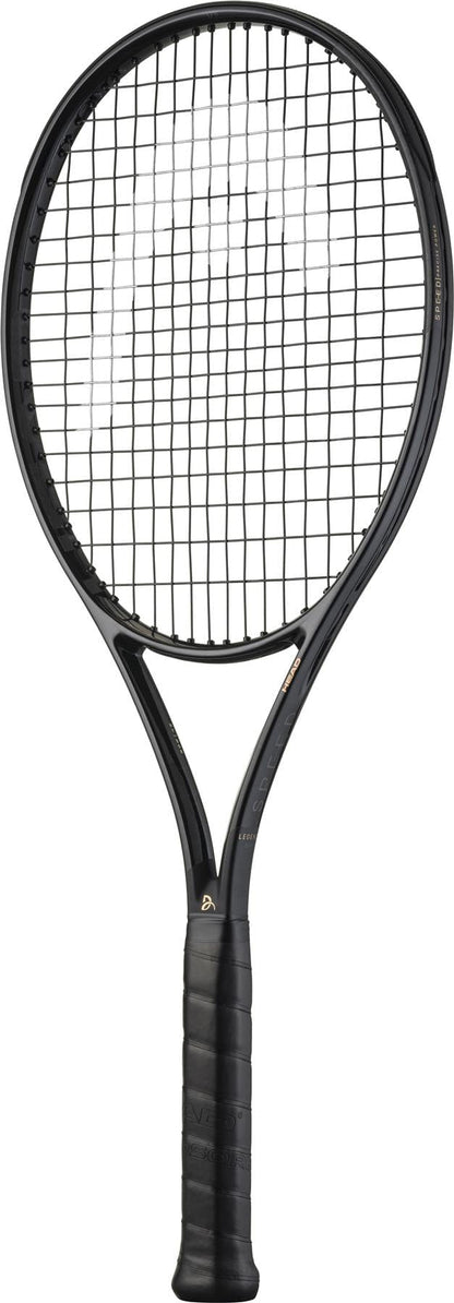 The HEAD Speed MP Legend 2025 Tennis Racket by HEAD is shown vertically on a white background, featuring a black design reminiscent of Novak Djokovic's style, with matching grip, strings, and frame.