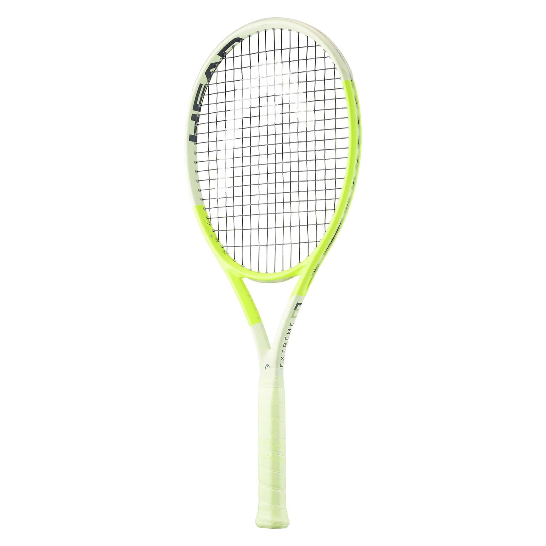 The "HEAD Extreme MP L 2024 Tennis Racket - Green" is a sleek and modern tennis racket featuring a white and neon green frame complemented by a black string pattern for enhanced spin potential. The brand "HEAD" is prominently displayed on the side, perfectly complementing its white grip and cutting-edge design.