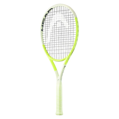 The "HEAD Extreme MP L 2024 Tennis Racket - Green" is a sleek and modern tennis racket featuring a white and neon green frame complemented by a black string pattern for enhanced spin potential. The brand "HEAD" is prominently displayed on the side, perfectly complementing its white grip and cutting-edge design.