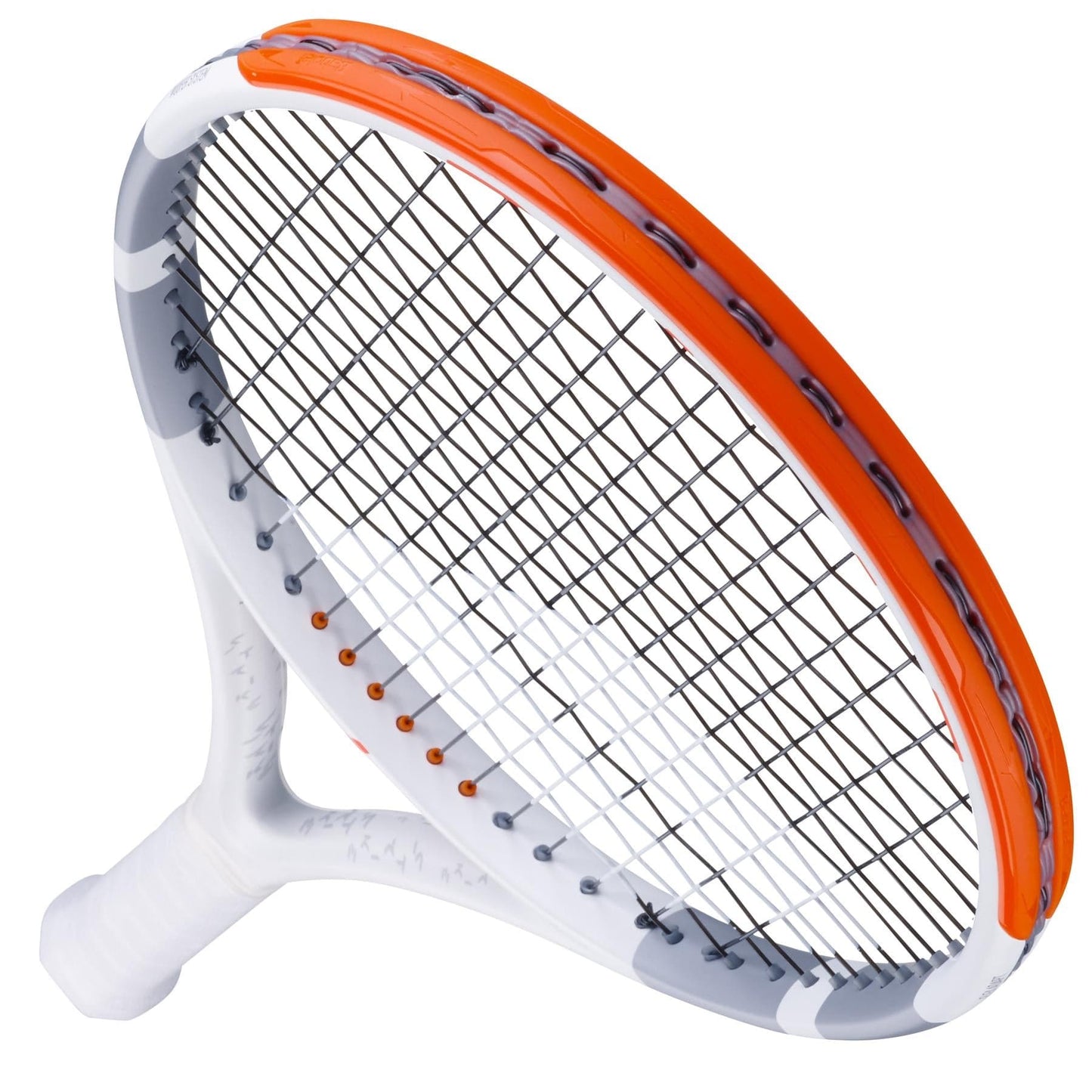 A Babolat Evo Strike Gen 2 tennis racket, branded by Babolat, with a white handle and a red and grey frame, featuring black strings. The image captures an angled perspective that highlights its sleek design and bold color contrast, promising power and control on the court.