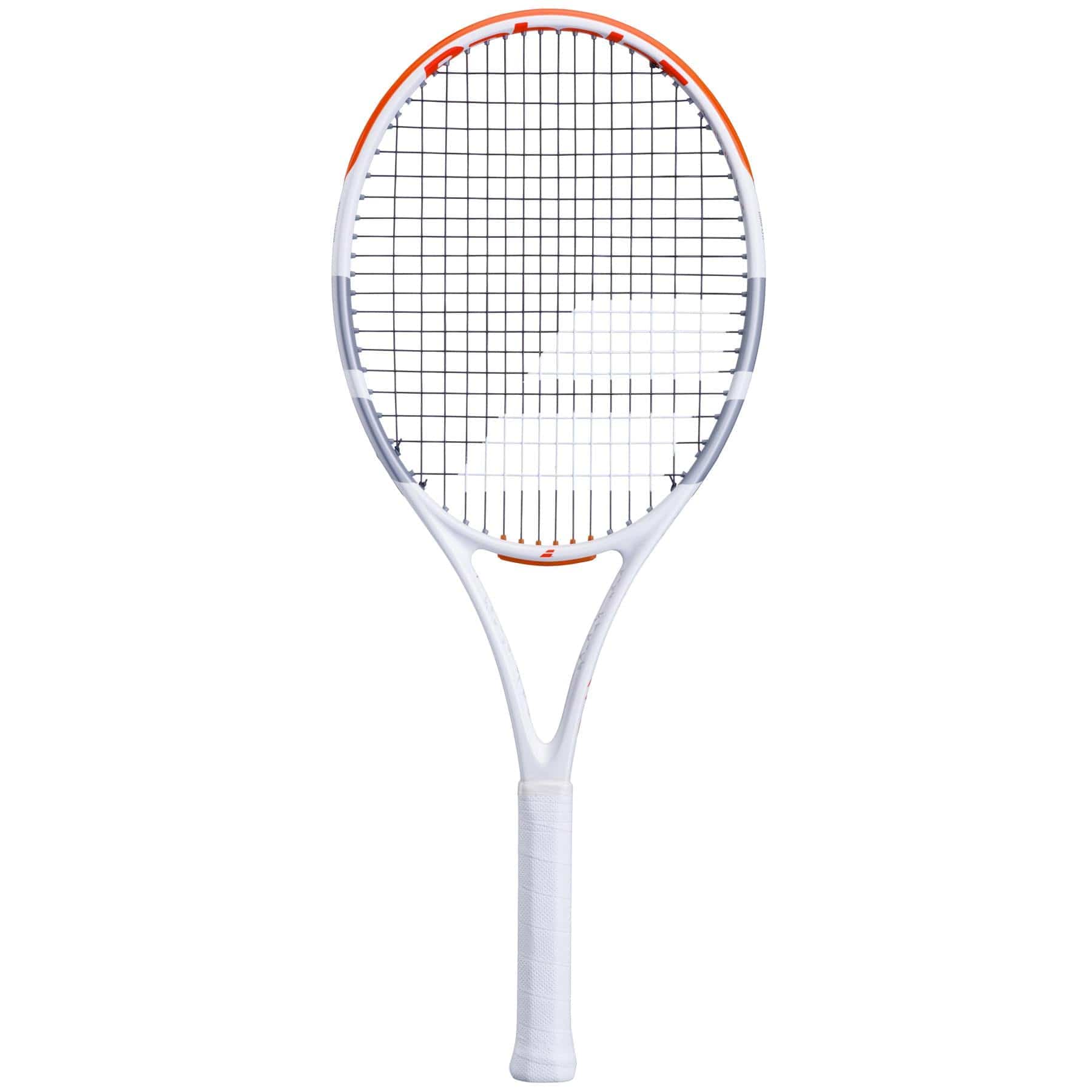 The Babolat Evo Strike Gen 2 Tennis Racket by Babolat features an orange accent on the frame, black strings, and a white-wrapped handle, designed for easy power and displayed against a plain white background.