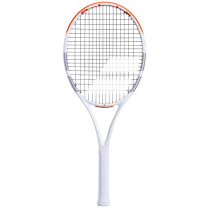 The Babolat Evo Strike Gen 2 Tennis Racket by Babolat features an orange accent on the frame, black strings, and a white-wrapped handle, designed for easy power and displayed against a plain white background.