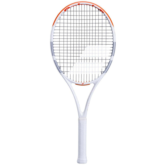 The Babolat Evo Strike Gen 2 Tennis Racket by Babolat features an orange accent on the frame, black strings, and a white-wrapped handle, designed for easy power and displayed against a plain white background.