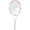The Babolat Evo Strike Gen 2 Tennis Racket by Babolat features an orange accent on the frame, black strings, and a white-wrapped handle, designed for easy power and displayed against a plain white background.