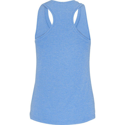 A back view of the Babolat Play 2025 Women's Tennis Tank Top in White/Blue Heather reveals a racerback design in a simple, solid color. Part of Babolat's line, it's crafted from recycled polyester for comfort and contains no visible logos or patterns.