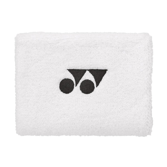 The Yonex AC492 Wristband in white features a black embroidered logo with a geometric design of overlapping circles and triangles, making it ideal for use on the court.