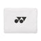 The Yonex AC492 Wristband in white features a black embroidered logo with a geometric design of overlapping circles and triangles, making it ideal for use on the court.