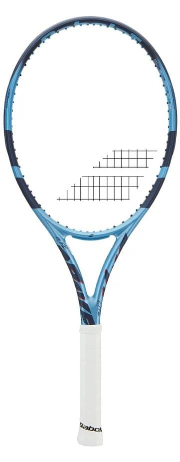The Babolat Pure Drive Lite 2025 Tennis Racket, shown upright with a blue and black frame and white grip, is perfect for beginners seeking quality from Babolat.