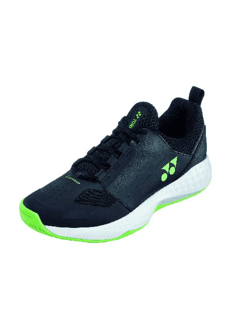 Introducing the Yonex Power Cushion Lumio 4 Men's Tennis Shoes in Black and Lime. These shoes are perfect for beginner or intermediate players, featuring a black design with a vibrant lime sole and accents. The lace-up style accompanies a white midsole and includes the Yonex Power Cushion technology for superior comfort. With its sporty look, brand logo on the side, and lightweight construction, these shoes ensure easy movement on the court.