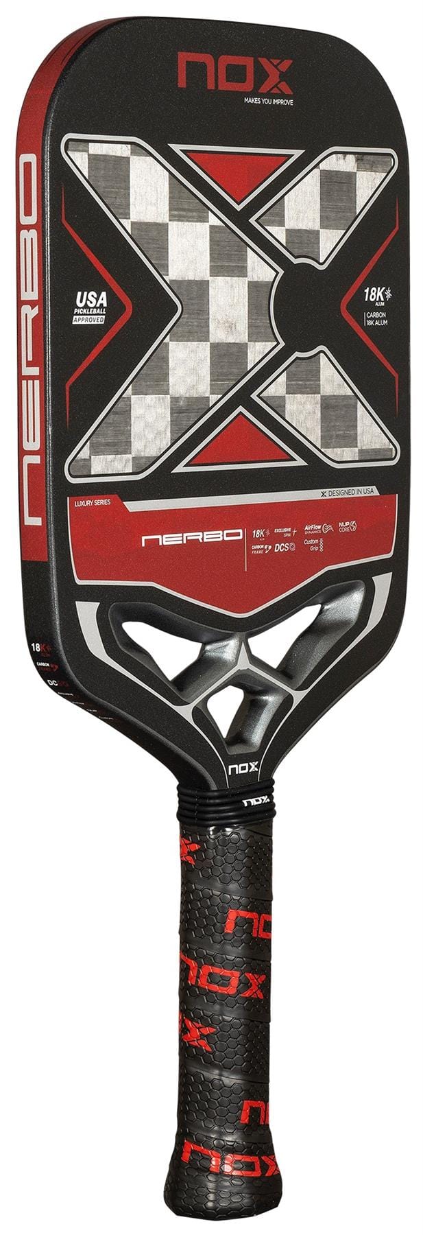 The NOX Luxury Nerbo Pickleball Paddle features a carbon fibre checkered design, red and black accents, "NERBO" text on the face and handle, and a black grip tape handle with red NOX logos.