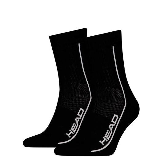 The HEAD Performance Short Crew Tennis Socks (2 Pack) in black feature white stripes and "HEAD" on the sides, offering arch support for enhanced comfort, displayed on a plain white background.