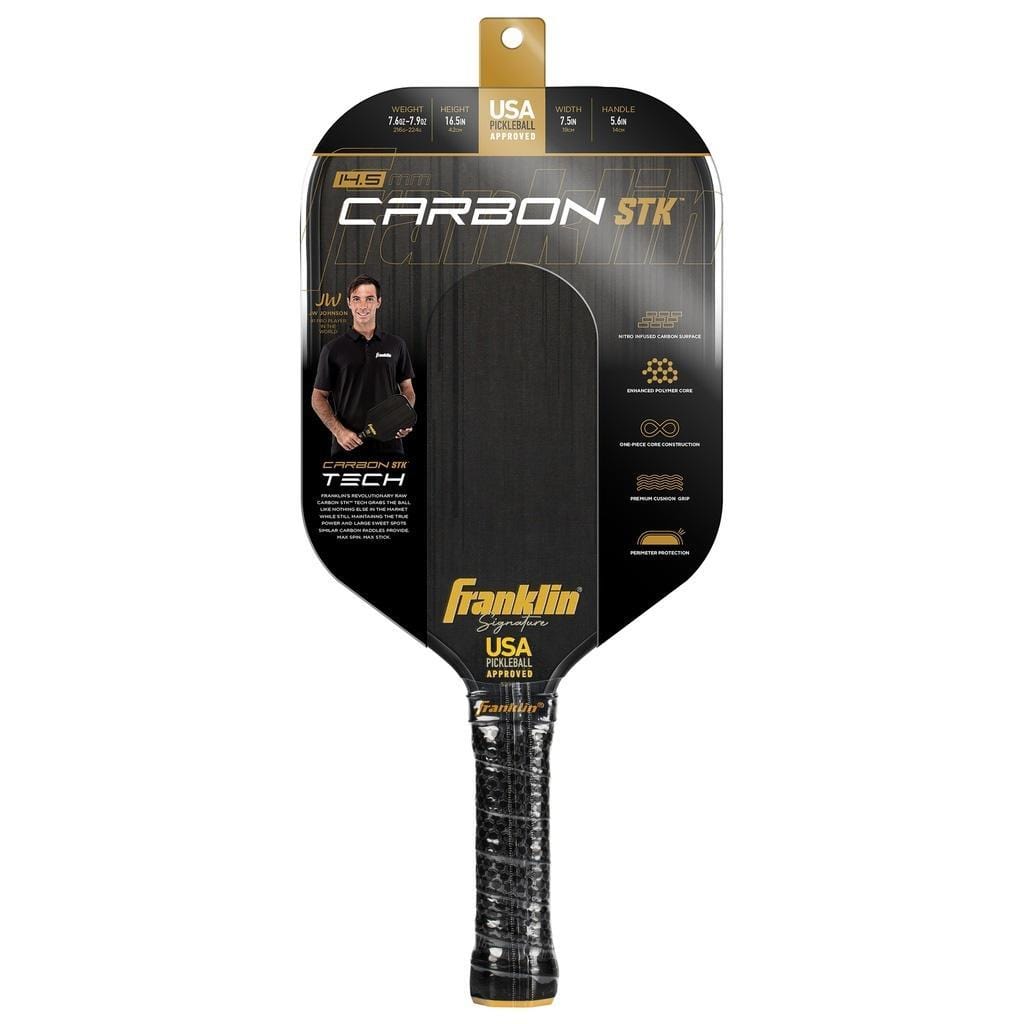 The Franklin Carbon STK 17mm Pickleball Paddle is shown in its packaging, which features product details, a photo of a man holding the paddle, and highlights its carbon fiber design and official USA Pickleball approval.