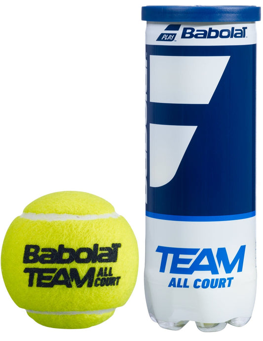 A high-performance Babolat Pure Team All Court tennis ball packaged in a blue and white three-ball tube, featuring durable yellow balls with black text. The canister prominently showcases the iconic Babolat logo and text.