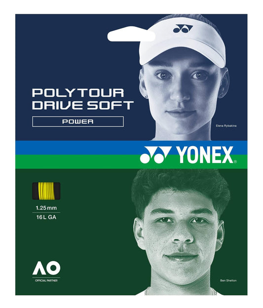 Packaging for Yonex PolyTour Drive Soft Tennis String (12m) - Flash Yellow features a woman in a visor above and a man below, with Yonex logos and details emphasizing the string’s power and spin performance.