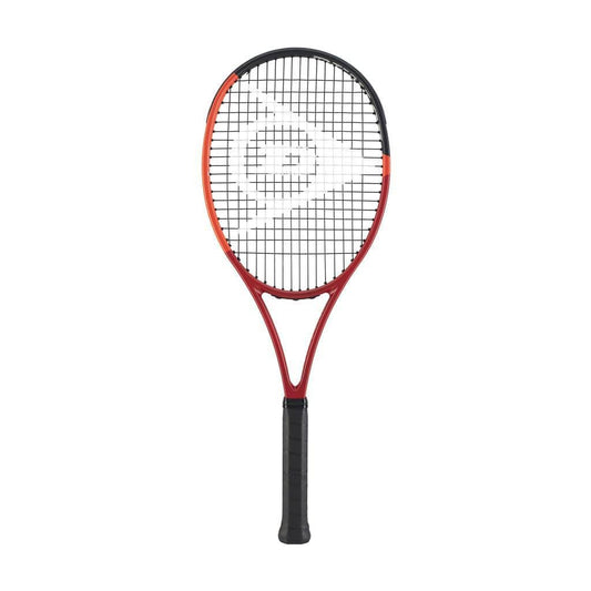 The Dunlop CX 200 2024 Tennis Racket - Red by Dunlop, celebrated for its spin potential, features a striking red design with black accents. Its geometric string pattern is paired with a sleek black grip handle. Set against a plain white background, the oval-shaped racket head effortlessly draws attention.